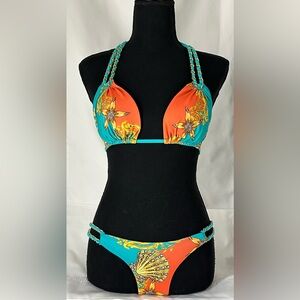 Sauvage Capri Chain Bikini Set/ Orange Turquoise Gold Medium Top XS Bottom NWOT